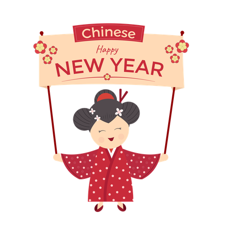 Chinese new year with girl holding banner  Illustration