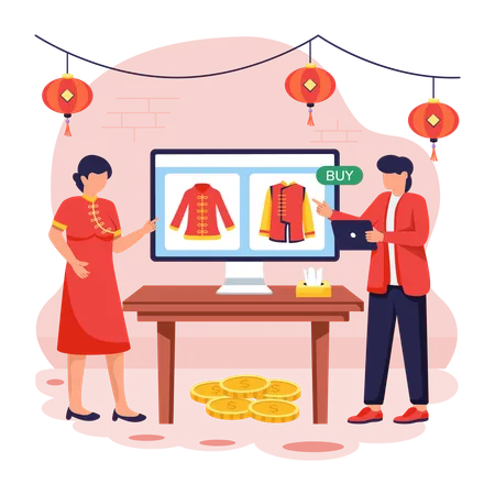 Chinese people buying Chinese Outfit Shopping  Illustration
