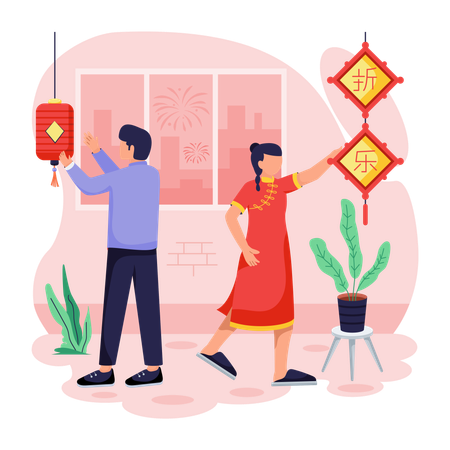 Chinese People Decorating home  Illustration