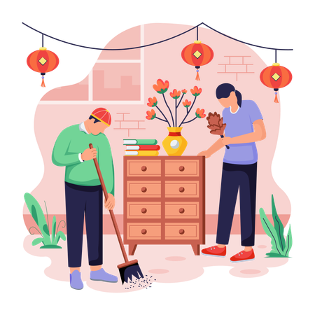 Chinese people doing Home Cleaning  Illustration