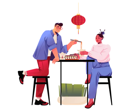 Chinese people eating Chinese food Illustration