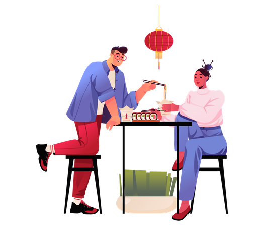 Chinese people eating Chinese food  Illustration