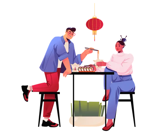 Chinese people eating Chinese food  Illustration