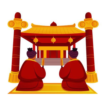 Chinese People in Temple  Illustration