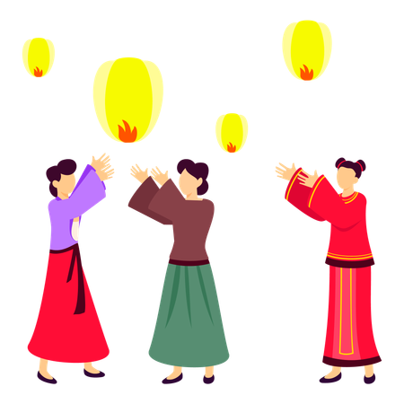 Chinese girl make paper lanterns  イラスト