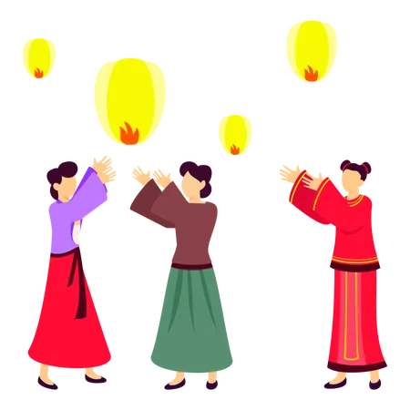 Chinese girl make paper lanterns  イラスト