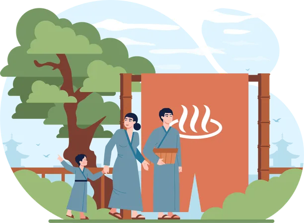 Chinese people making barbeque in park  Illustration