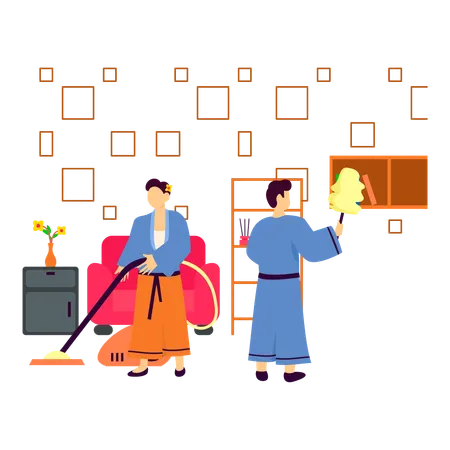 Chinese people cleaning house on new year  イラスト