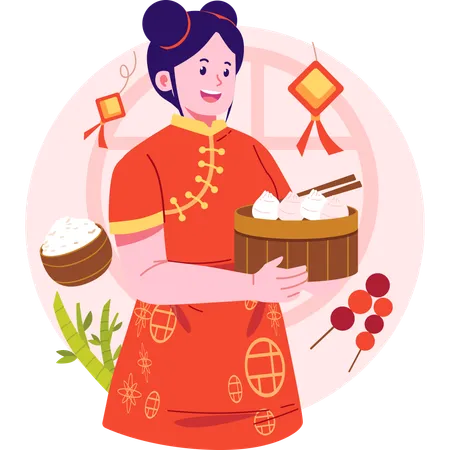 Chinese Woman Bringing Dimsum Illustration Illustration