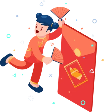 Chinese Woman Celebrating with Red Envelope Illustration