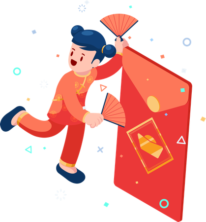 Chinese Woman Celebrating with Red Envelope  Illustration