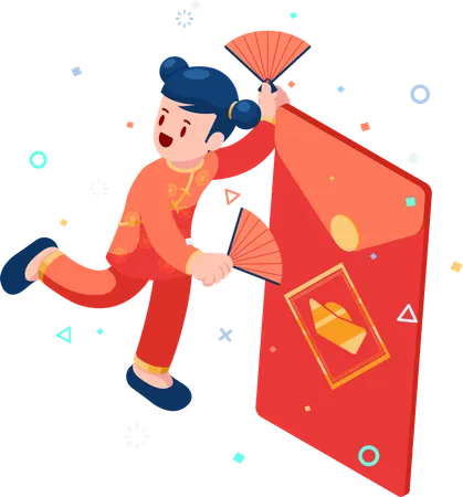 Chinese Woman Celebrating with Red Envelope  Illustration