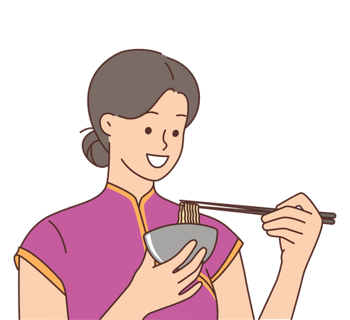 Chinese woman eating noodle Illustration