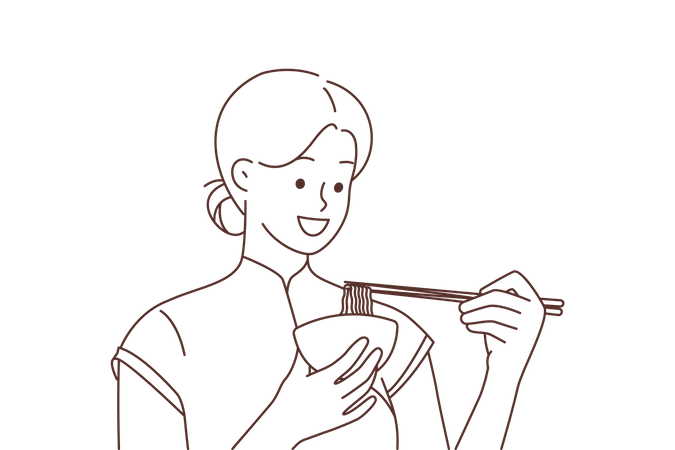 Chinese woman eating noodle Illustration