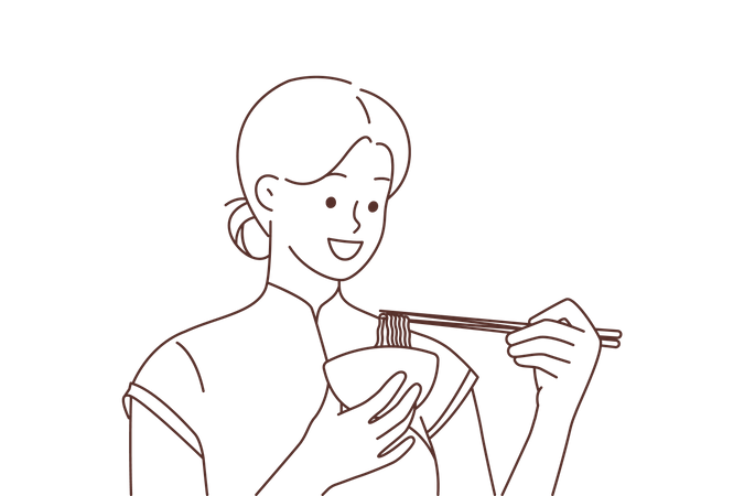 Chinese woman eating noodle  Illustration