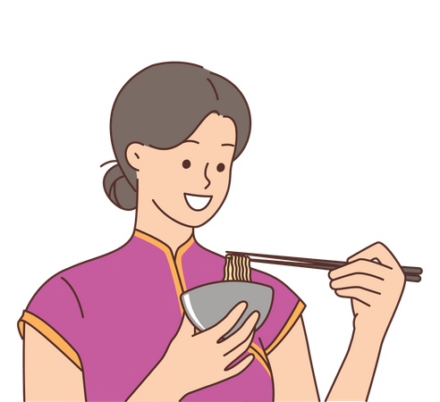 Chinese woman eating noodle  Illustration