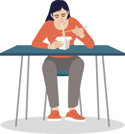 Chinese woman eating noodles with chopsticks Illustration