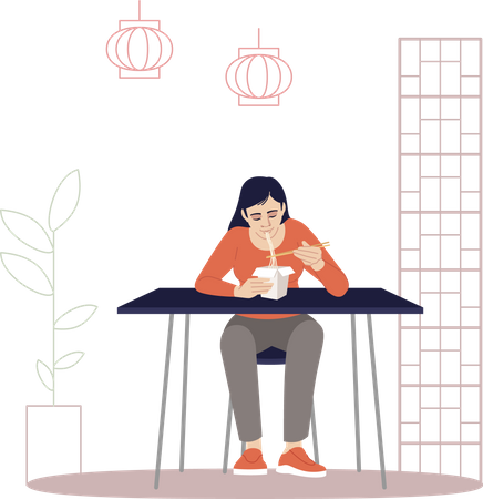 Chinese woman eating noodles with chopsticks  Illustration