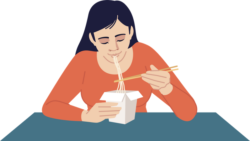 Chinese woman eating noodles with chopsticks  Illustration