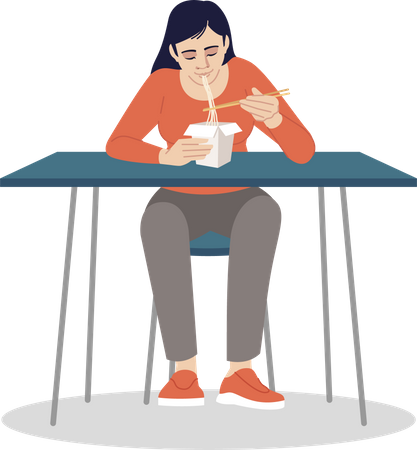 Chinese woman eating noodles with chopsticks  Illustration