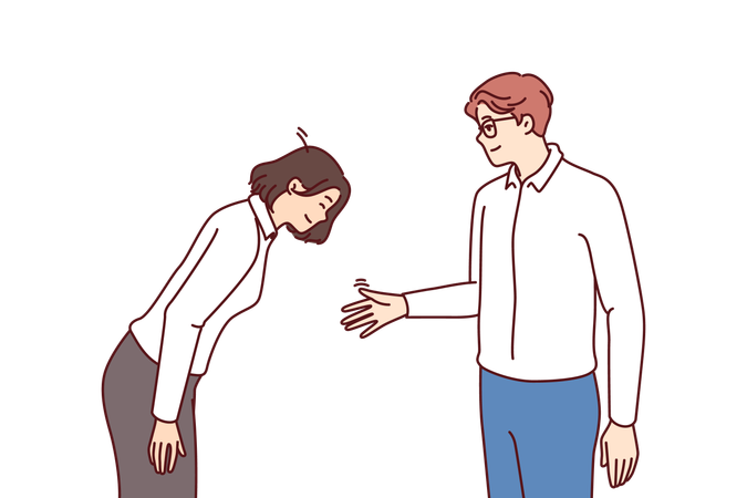 Chinese woman greets businessman  イラスト