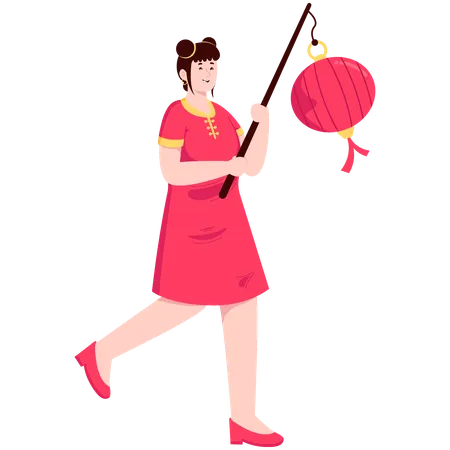 Chinese woman holding a lantern  Illustration