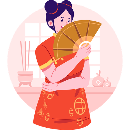 Chinese woman holding chinese fan  Illustration