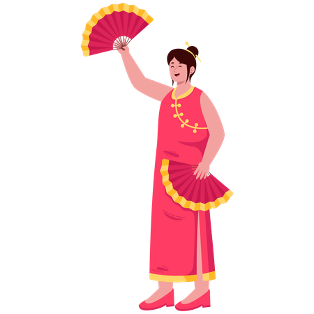 Chinese woman holding hand fan  Illustration