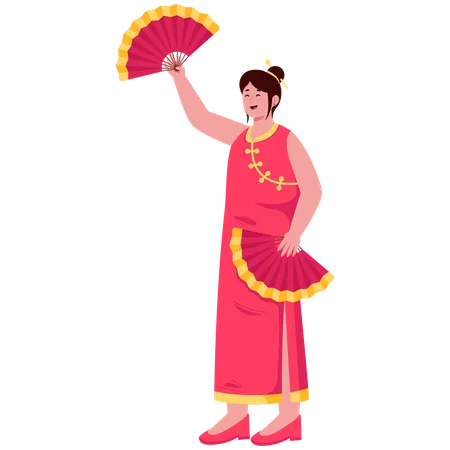 Chinese woman holding hand fan  Illustration