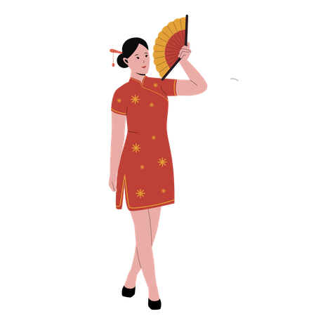 Chinese woman in traditional red qipao dress  Illustration
