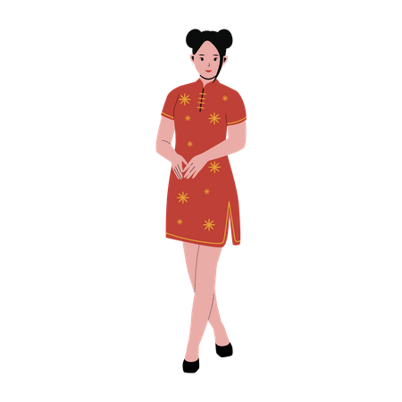 Chinese woman in traditional red qipao dress  イラスト
