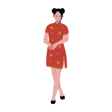 Chinese Woman In Traditional Red Qipao Dress Chinese People Greeting Flat Vector Illustration Isolated On White Background Illustration