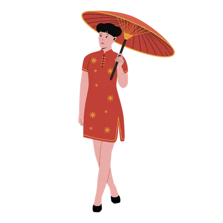 Chinese Woman In Traditional Red Qipao Dress Chinese People Greeting Flat Vector Illustration Isolated On White Background Illustration