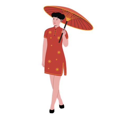 Chinese woman in traditional red qipao dress  Illustration