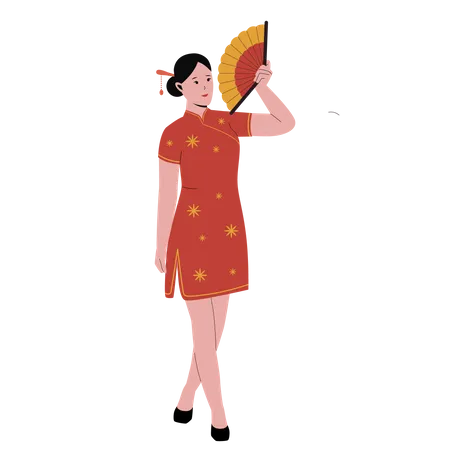 Chinese woman in traditional red qipao dress  Illustration