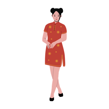 Chinese woman in traditional red qipao dress  Illustration