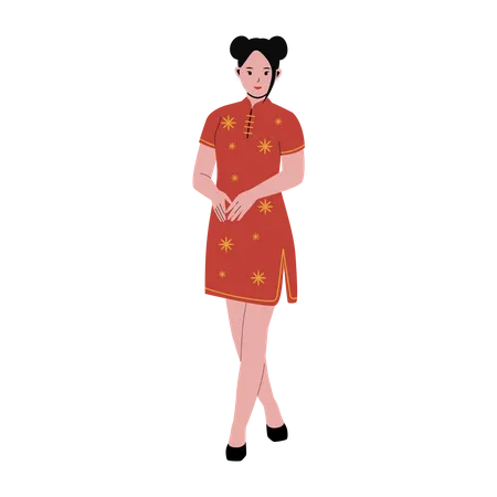 Chinese woman in traditional red qipao dress  Illustration