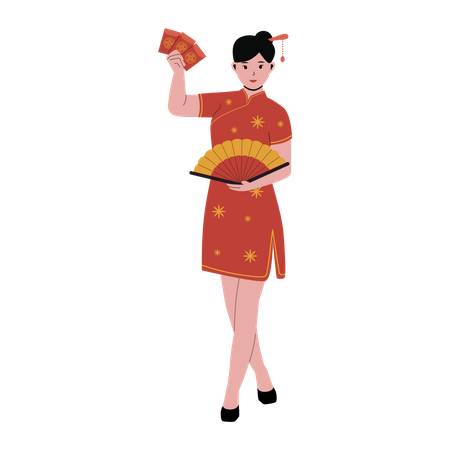 Chinese woman in traditional red qipao dress  Illustration