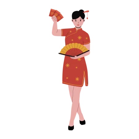 Chinese woman in traditional red qipao dress  Illustration