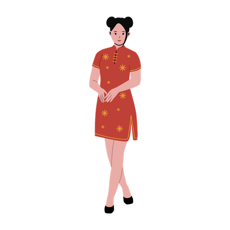 Chinese woman in traditional red qipao dress  Illustration