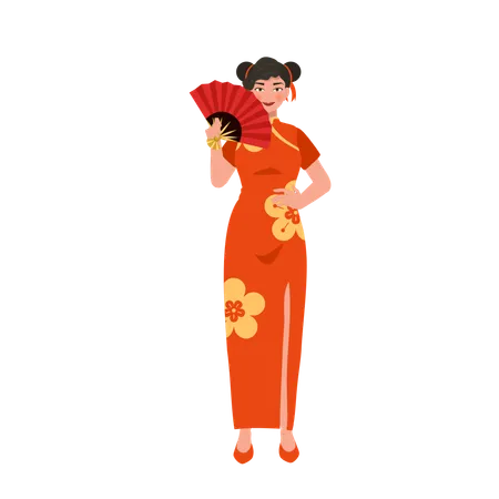 Elegant Asian Celebration Festive Lunar New Year Smiling Chinese Woman Poses With Traditional Fan Illustration