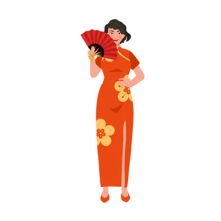 Elegant Asian Celebration Festive Lunar New Year Smiling Chinese Woman Poses With Traditional Fan Illustration