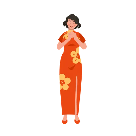 Chinese woman salute for lunar new year  Illustration