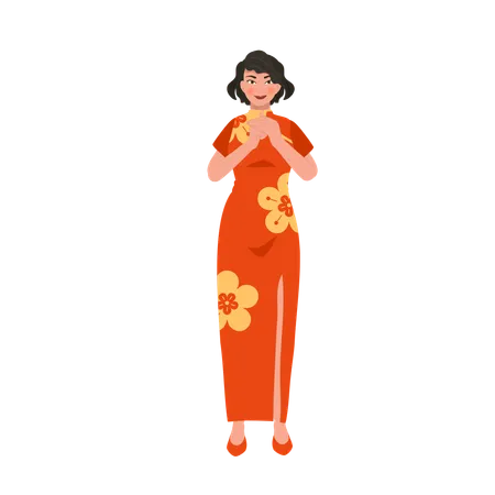 Chinese woman salute for lunar new year  Illustration