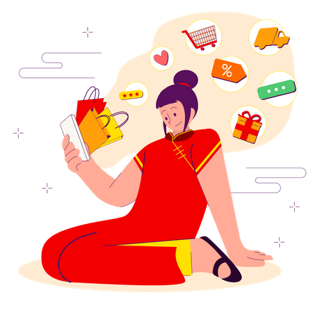 Chinese woman shopping using mobile application Illustration