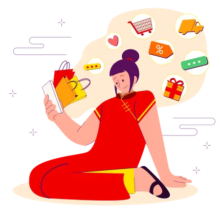 Chinese woman shopping using mobile application  Illustration