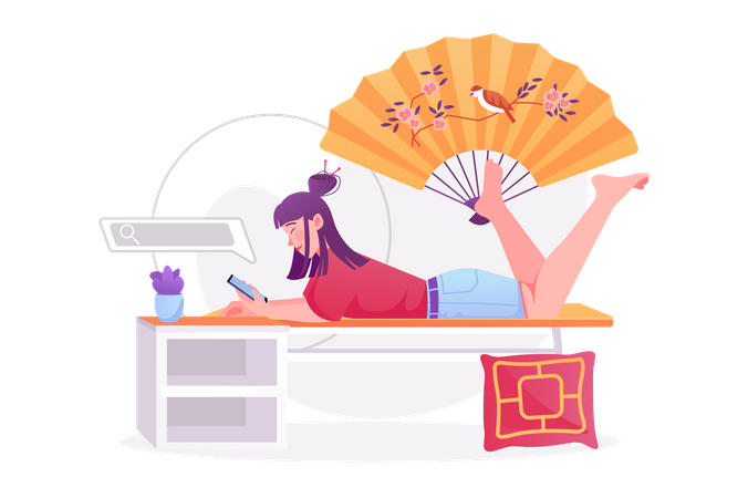 Chinese woman using mobile  Illustration