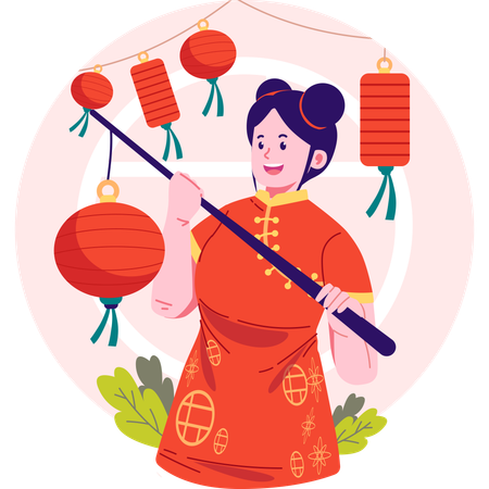 Chinese woman with lantern  Illustration