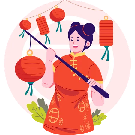 Chinese Woman With Lantern Illustration Illustration