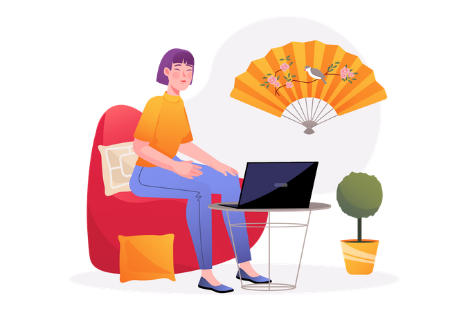 Chinese woman working on laptop  Illustration